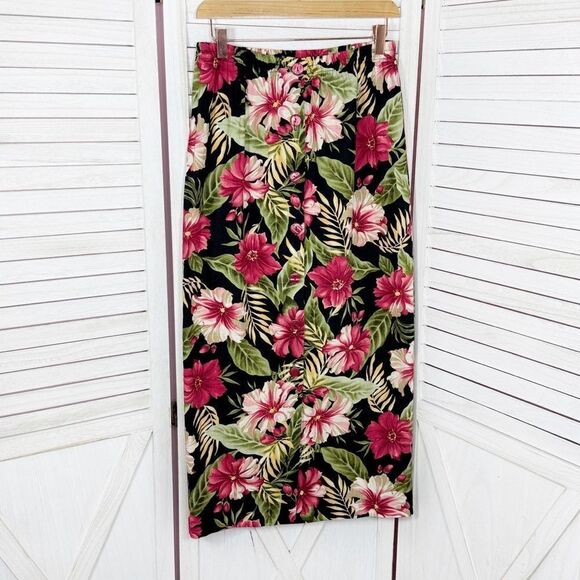 Haggar‎ Vintage Linen Tropical Flower Print Button Front Maxi Skirt Black Pink 8 - Picture 7 of 11